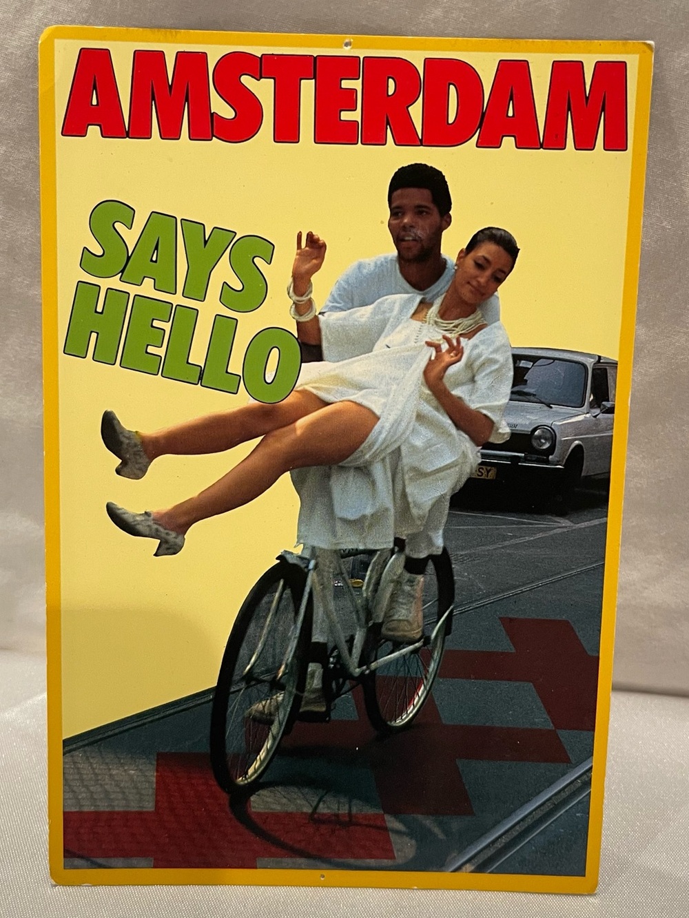 Postcard Hello from Amsterdam couple bike man holding woman Holland vintage rare